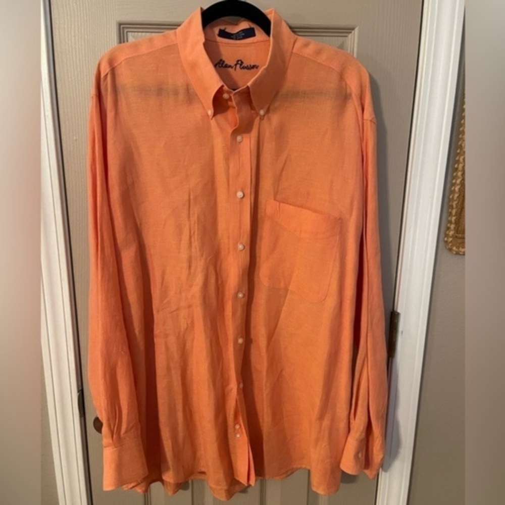 Alan Flusser 100% linen coral shrimp long sleeve men’s button down shirt. XL